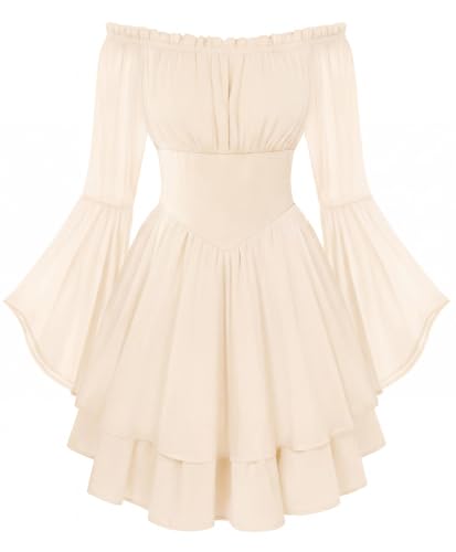 Women Corset Dress Off Shoulder Bell Sleeve Mini Dress Apricot S