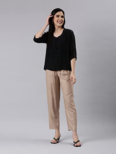 Image of GO COLORS Women Solid Mid Rise Relaxed Fit Viscose Casual Pants