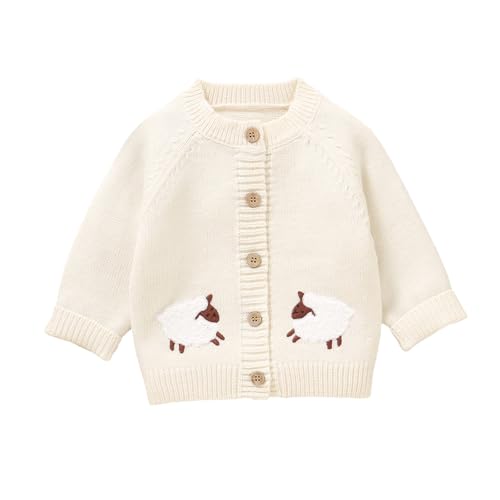 Image of DovFanny Baby Girl Boy Knitted Sweater Cardigan Long Sleeve Jumpers Warm Coats Clothes with Lovely Embroidered Sheep White