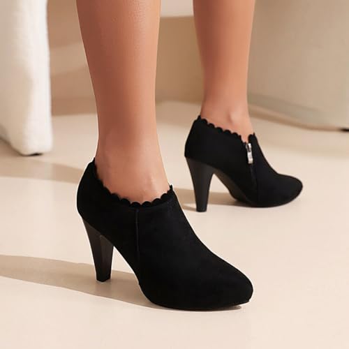 Alyaafifa High Heel Booties Pumps for Women Vintage Chunky Heel Ankle Boots with Zipper Closed Round Toe Comfortable Suede Leather Dress Shoes Office Party Event Prom4