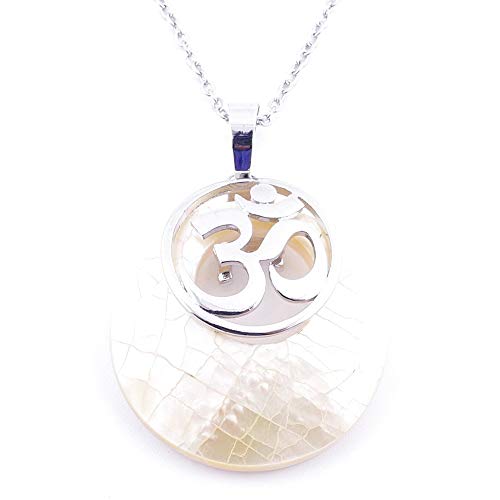 ARITZI - Colgante de Piedra Natural - ABALÓN Amarillo con símbolo esotérico en bisutería de Metal - Simbolo de OM - Cadena incluida de Acero Inoxidable (50cm)