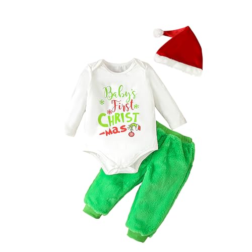 Image of VSQWLZT My 1st Christmas Outfits Infant Baby Boy Bodysuit Long Sleeve Romper + Green Pants + Hat 3Pcs Set (Furry Green, 0-3 Months)