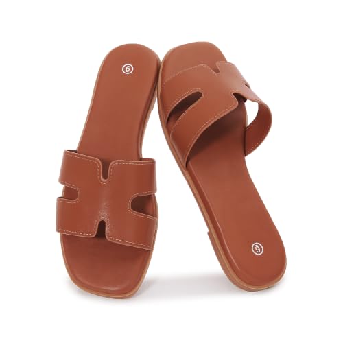 Image of Shion ShaaYii Women's Slide Sandals Comfortable Flat Slip On Leather Sandals, Brown, 6 UK