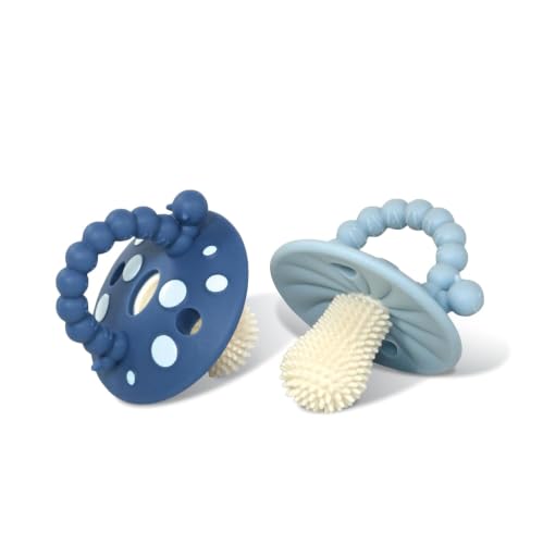 Image of RaZbaby Soft Silicone Infant & Baby 3M+ Teether Toy Massaging Bristles Teething Relief Pacifier - Soothes Sore Gums - Hands-Free & Easy-to-Hold Chompy Teether, BPA Free (Power /Dark Blue)
