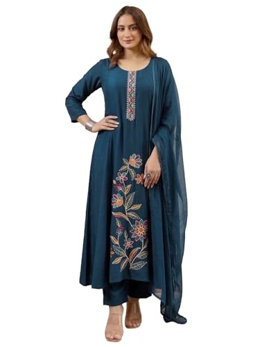 Image of ANNI Designer Kurta Sets for Women Viscose Embroidered | Kurti Set for Woman | Kurta Pant Dupatta Set | A Line Kurti | Round Neck 3 /4 Sleeve Suit Set for Women Stylish Ethnic Outfit Clothing