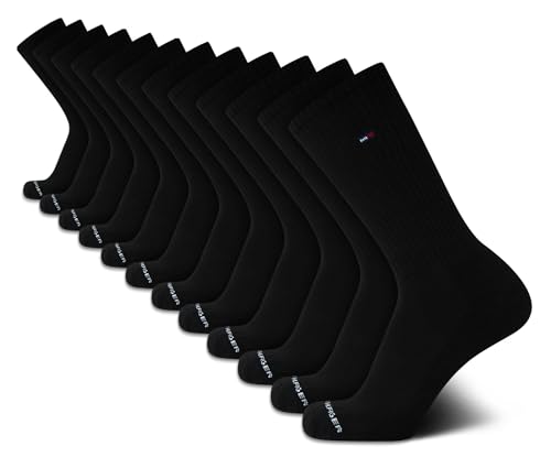 Tommy Hilfiger Mens Crew Socks - 12 Pack Cotton Blend Cushioned Athletic Performance Crew Length Running Socks for Men Size 7-12 Pure Black