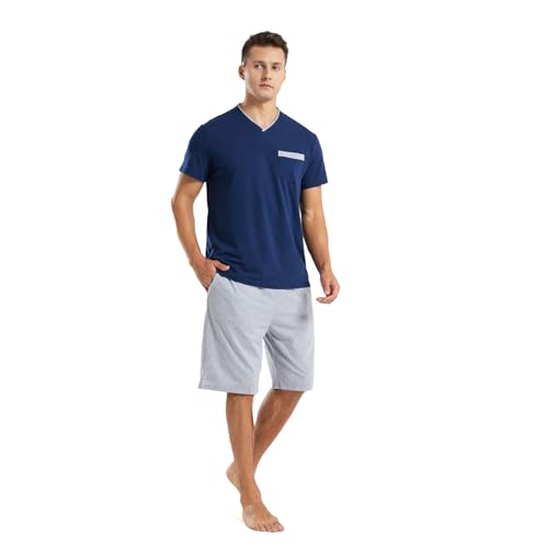 Men's Comfortable Short Sleeve Pajama Sets, V-Neck Top and Shorts Sleepwear Summer Pajamas