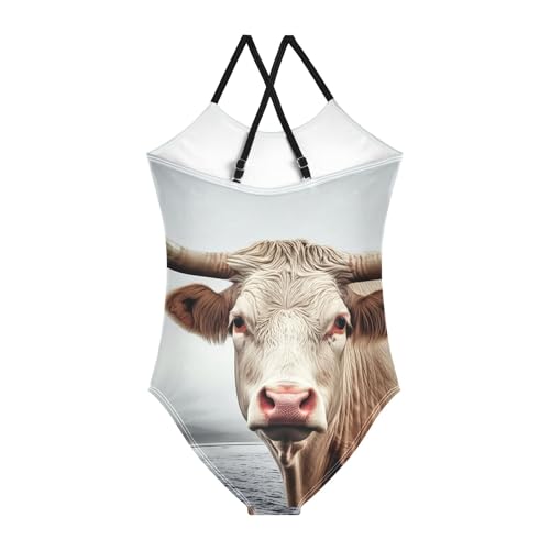 CHIFIGNO Cow Swimming Suit for Girls Quick Dry Crossback One Piece Swimming Suit with Adjustable Strap 3T2