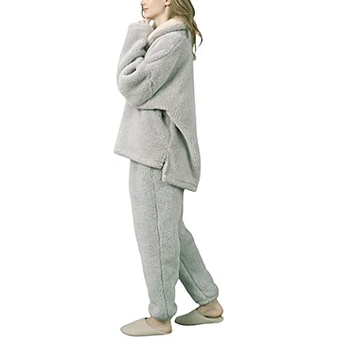 Women Pajamas Set Winter Soft Warm Flannel Long Sleeve Pullover Tops and Elastic Pants Sleepwear Loungewear (Grey,XL) Cover