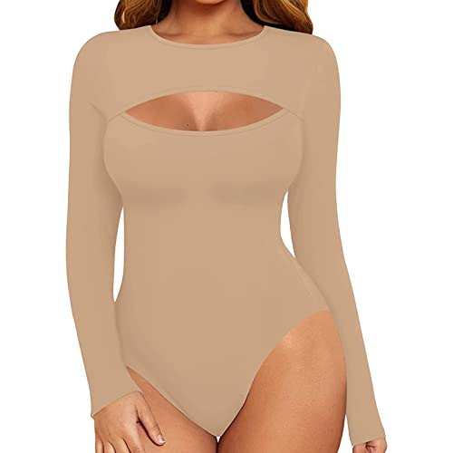 Generisch Body de manga larga para mujer, cuello alto, body de forro polar, manga larga, térmico, 05-beige, M