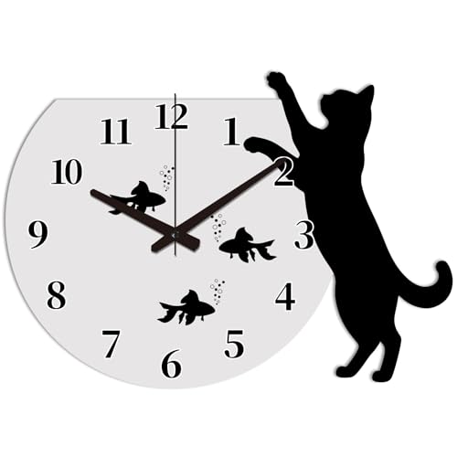 CONCHLERY Cat Wall Clock Fish Tank Non-Ticking Clock Irregular Shape Decorative Clocks Forest Printed Wall Clocks for Home Office Decoration, 16.14x11.84inch
