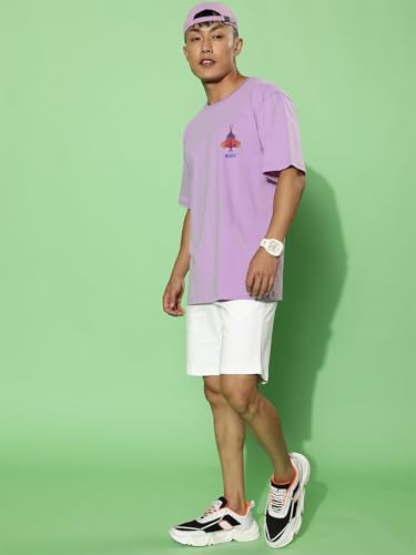 Image of Veirdo Pure Cotton Oversized Baggy Fit Drop Shoulder Stylish and Graphic Printed Round Neck Half Sleeves T-Shirt for Men (Available Color Options: Black, Green, Royal Blue, Lilac & Sky Blue)