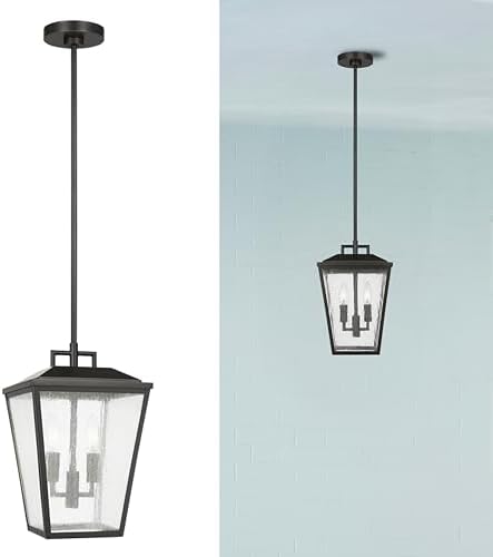 Scott Living 2-Light Kennewick Transitional Outdoor Pendant Lantern in Antique Bronze Finish with Clear Seeded Shade DJO1102ANBZ, Hanging Lamp for Porch Decor, Outdoor Pendant Lights for Patio