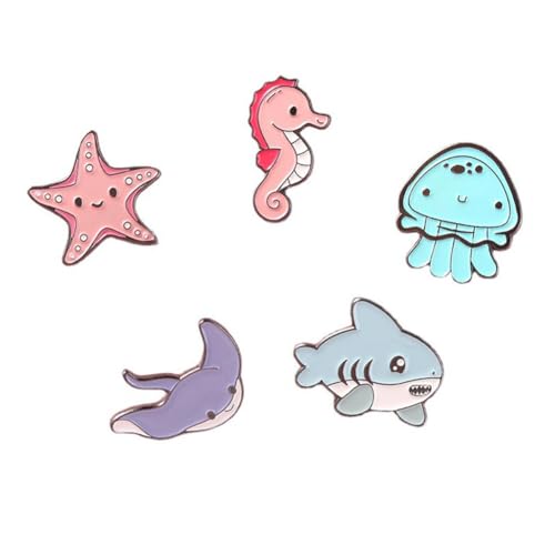 5PCs Ocean Series Animal Badges Brooch Marine Life Cartoon Badges Cute Pins Set Cartoon Sea Sharks Seahorses Starfish Brooch Pin for Children's Day Gift Clothes Backpack Denim Shirt Lapel Pins