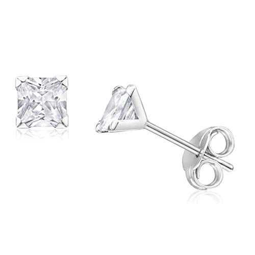 Abhooshan 925 Sterling Silver Pair of Square Princess Cut Single White Cubic Zirconia (CZ) Stone Solitaire Piercing Stud Earrings For Girls Women Men & Boys