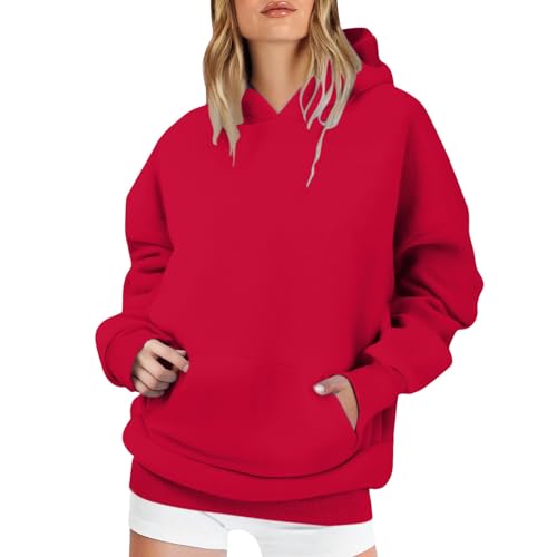 Sudaderas con capucha de gran tamaño para mujer, de manga larga, forro polar, con capucha, estilo Y2K, informales, cómodos, a la moda, para otoño e invierno, ropa de descanso 2025 con bolsillos, rosso
