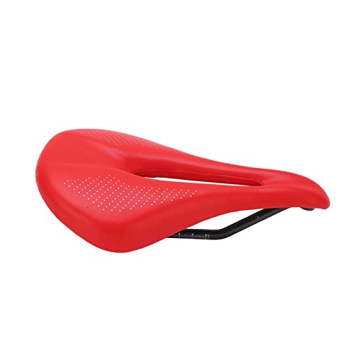 Sillín de bicicleta, cojín de asiento cómodo ancho, fibra de carbono con acolchado de espuma suave, diseño hueco, adecuado para asiento de bicicleta en carretera (rojo)