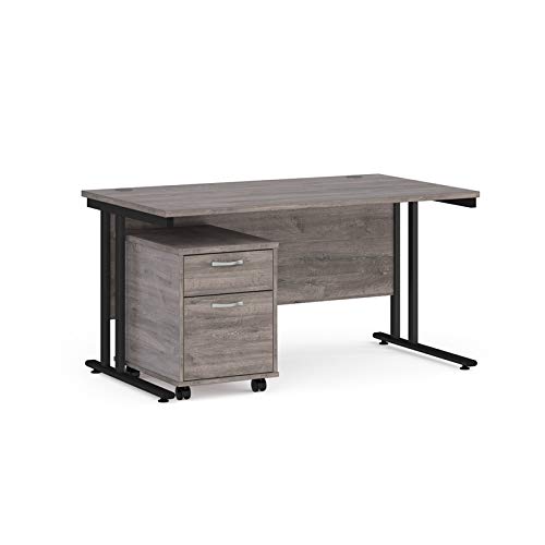 Image of Mr Office Maestro 25 straight desk 800mm deep with black cantilever frame and 2 drawer pedestal bundle, Grey oak, 1400
