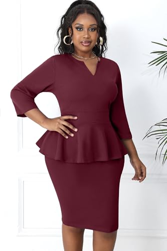 Image of Runwind Plus Size Dresses for Curvy Women, Work Church Professional Office Vintage Peplum Pencil Dress V Neck 3 /4 Sleeve