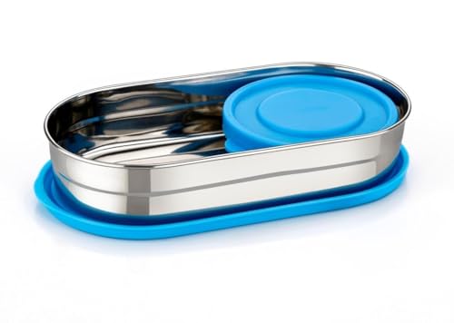 Image of Stainless Steel Lunch Box Combo for Office, School & Picnic | Set of 4 Airtight Containers (2 x 650ml + 200ml) | Leak-Proof Food Storage for Men, Women (Blue)