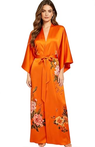 Image of Women's Classic 100% Silk Kimono Robe, Bathrobe-Printed Pattern