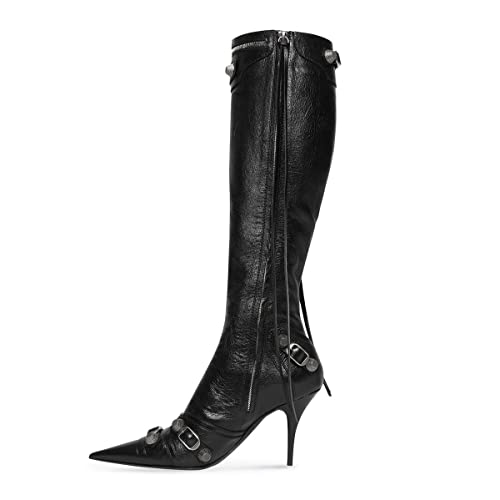 Goolita Women's Pointed Toe Rivet Knee High Boots Stiletto High Heel Punk Style Boot Thin Tassels Buckle Long Bootie2