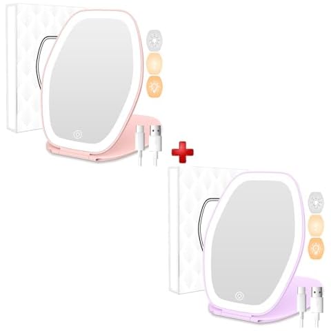 COSYGLOW Travel Makeup Mirror with Light: 3 Color Lighting Portable Mirror with Touch Screen Rechargeable Adjustable LED Lights Vanity Hexagon Mirror for Travel, Desk, Home (Pink&Purple) Cover
