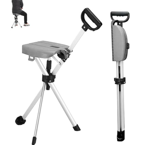 ポータブル杖 シート付き 折りたたみ椅子 登山杖 軽量アルミ 持ち運びに便利人間工学 滑り止めキャンプ ハイキング、女性/男性杖椅子、高齢者滑り止め杖,グレー