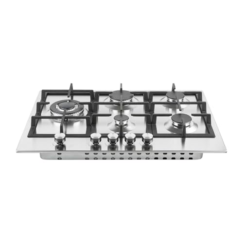 Cookology GH700SS 70cm 5 Burner Gas Hob with Enamel Pan Supports, Wok Burner and Automatic Ignition Dials - in Stainless Steel