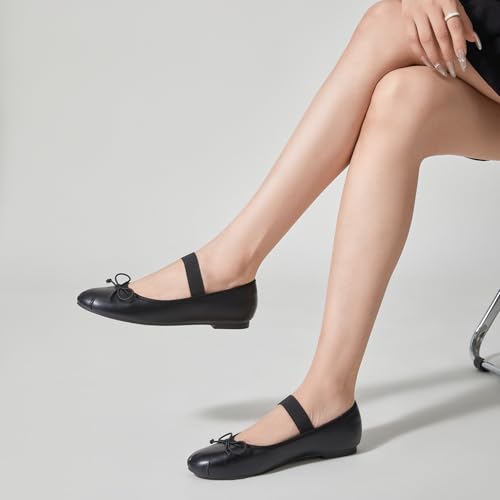 Image of Trary Flats for Women Closed Round Toe Ballet Flats Mary Jane Shoes Women with Elastic Strap Cute Bowknot Comfortable Dress Shoes for All-Year Daily Work Casual Wear