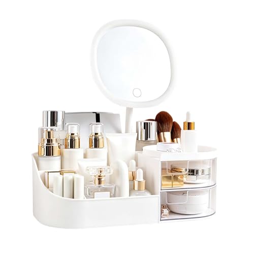 Organizador de Maquillaje con Espejo LED Iluminado, Caja de Cosméticos Blanca con Cajones Transparentes, Almacenamiento de Gran Capacidad para Cuidado de la Piel, Brochas y Pintalabios, para Tocador