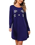 Clearlove Nachthemd Damen Navy Blau Rundhals Langarm Sleepshirt Printed Nachtwäsche Nachtkleid Knielang Schlafkleid Sleepwear S