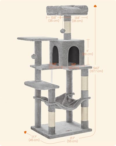 Image of Feandrea Cat Tree, 54.2-Inch Cat Tower, Plush Multi-Level Condo with 4 Scratching Posts, 2 Perches, Hammock, Cave, Light Gray UPCT161W01
