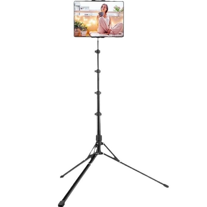BRAVECOW Trépied pour tablette, support de téléphone de 165,1 cm, hauteur réglable, tête sphérique à 360° pour regarder des flux en direct, pour Pad Pro, Air Mini, tablette et téléphone de 4,7 à 13'