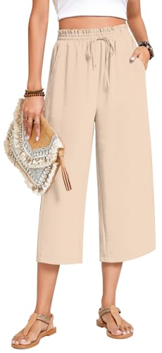 Image of Anyhold Women's Capri Pants Drawstring Casual Palazzo Trousers with Pockets Loose High Waisted Wide Leg Lounge Pants