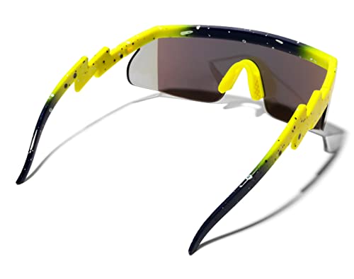 Image of ShadyVEU Semi Rimless Neon Rainbow Sunglasses Mirrored Lens UV Protection 80s Retro Rave Shades Crooked ZigZag Bolt Arm