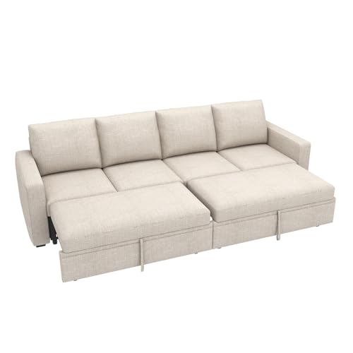 Image of HONBAY Modular Sectional Sleeper Sofa Bed, with Pull Out Bed, Linen Convertible Sectional Couches for Living Room - Beige