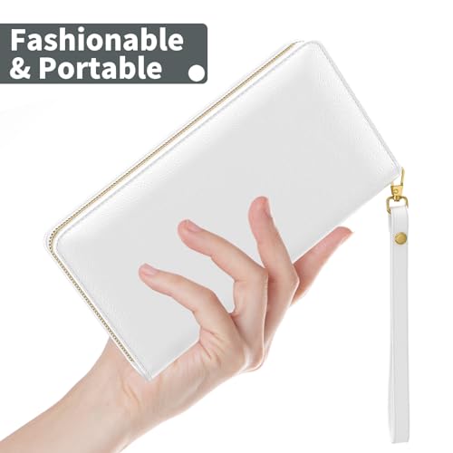 Image of Nipichsha Womens Wallet, RFID Wristlet Wallet for Women, Cute Ladies Purse, Large Credit Card Clutch Purse, Leather Card Holder Wallets with Zipper & Phone Holder, White