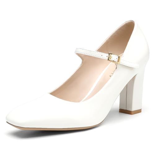 Women's Square-Toe Mary Jane Pumps, Chunky Block Heel, Closed-Toe Dress Shoes for Wedding, Work, Casual Wear