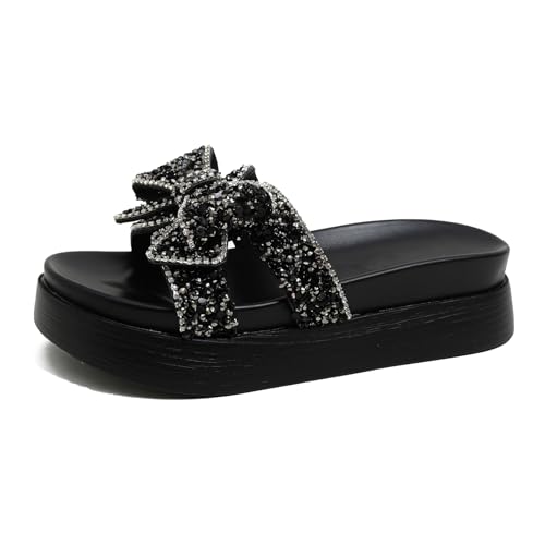 Bow Rhinestones Platform Slides Sandals for Women Sparkle Pearl Slip-on Open Toe Comfort Soft Sole Home Outdoor Beach Slipper