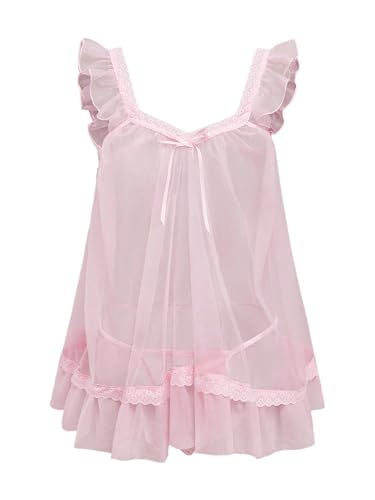 OYOANGLE Women's Lingerie Set 2 Piece Mesh Lace Sheer Chemise and G String Babydoll Nightwear Pink Large
