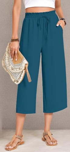 Image of Anyhold Women's Capri Pants Drawstring Casual Palazzo Trousers with Pockets Loose High Waisted Wide Leg Lounge Pants