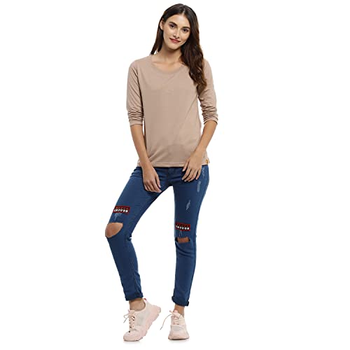 Image of PINACOLADA Women's Solid Beige Crew Neck Long Sleeve Regular Fit Top for Casual Wear | Structured Top Crafted with Comfort Fit and High-Performance for Everyday Wear