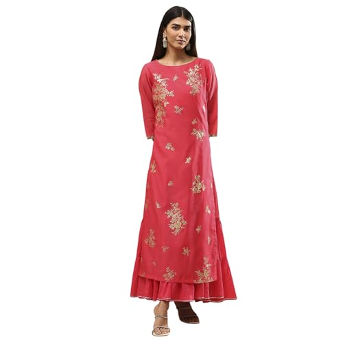 Image of Biba Women's Poly Chanderi 3 /4 Sleeves Calf Length Round Neck A-Line Casual Dress