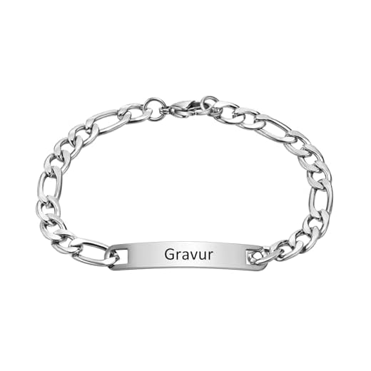 Gamtic Personalisiertes Armband Herren mit Gravur - Edelstahl Figaro Kettenarmband Verstellbar Armkette Valentinstag Geburtstags Vatertags Weihnachten Geschenk für Ihn Männer Jungs (Silber)