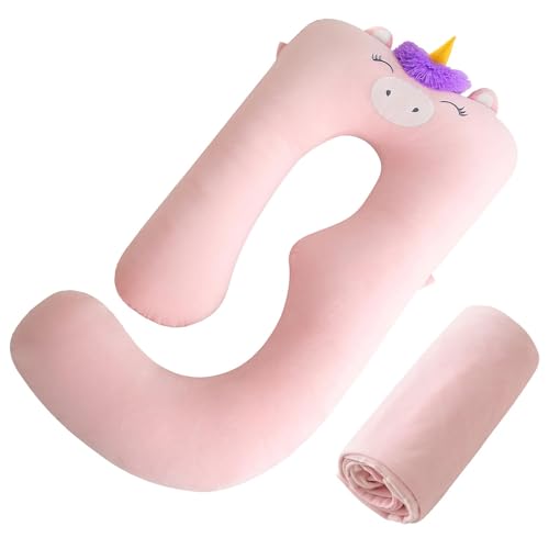 Sasttie Velvet Pregnancy Pillow Cover 57-Inch U-Shaped Pregnancy Pillow Case Fits 55 to 57 Inch Maternity Pillow Pink (No Pillow Insert) Pink Unicorn
