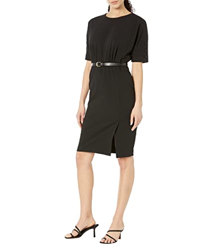 Calvin Klein Scuba Crepe Dress with Belt and Sleeve Button Detail