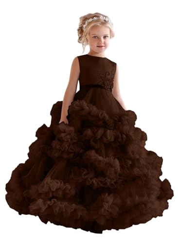 Ruffles Tulle Flower Girl Dress for Wedding Satin Beaded Pageant Dresses for Girls Puffy Princess Kids Prom Party Gown