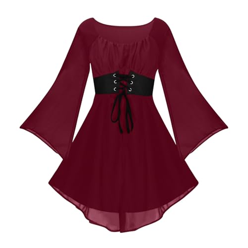 Vestidos de encaje con cuello redondo para mujer, vestidos cortos de manga vintage, góticos, midi, vestidos cortos, I-690 vino borgoña, S