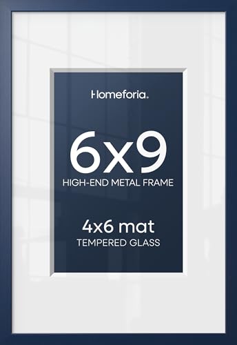 Image of Homeforia 6x9 Picture Frame Navy Blue, High End Metal 6 x 9 Frames with Mat 4 x 6 for Print, 6by9 Desk Frame Matted to 4x6 inch Photo, 6 by 9 Wall or Tabletop Frame, Tempered Glass, Wall Kit, Set of 2